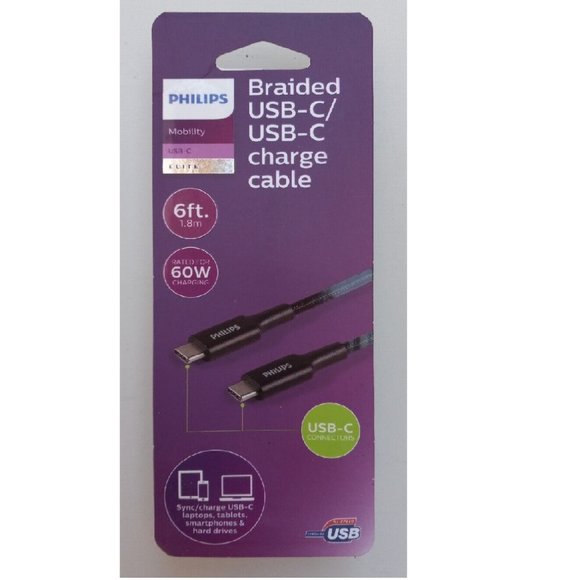 Philips Other - PHILIPS USB-C/USB-C Charge Cable Braided 6ft length Rated for 60W Black *NEW BOX